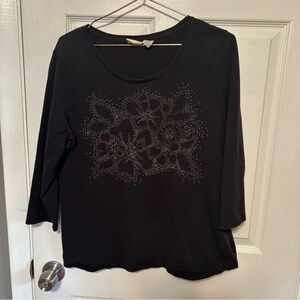 Black Scoop Neck 3/4 Sleeve Top with Floral Stud Detail